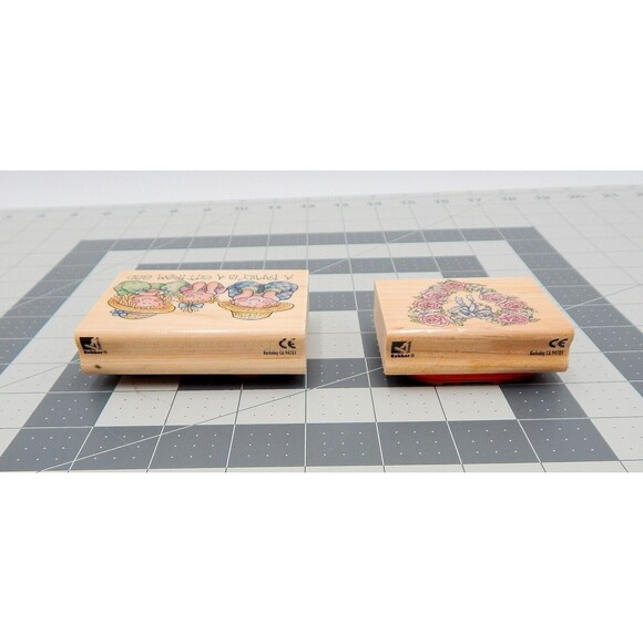Rubber Stampede Mounted on Wood Family God Flower Heart Rubber Stamp Set of 2 - Picture 3 of 6